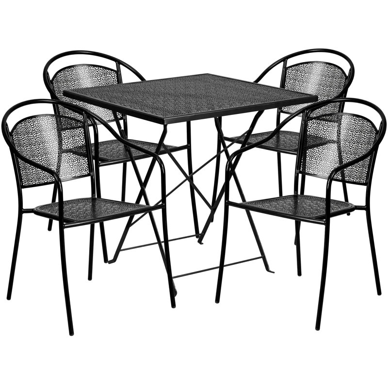 Jeffry 28'' Square Indoor-Outdoor Folding Patio Table Set with 4 Round Back Chairs, Black