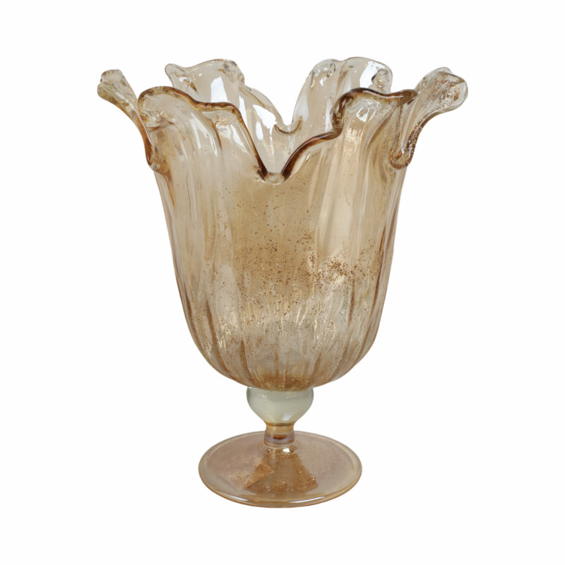 Decorative Vase Glass Ruffled Pedestal Design Glam Modern Style for Living Room, Bedroom, Office or Home Decor - 18" Brown