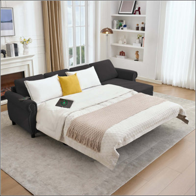 106.5" L-Shaped Convertible Pull Out Sleeper Sectional Sofa, Flannelette Polyester 4-Seater Sofa Bed with Interchangeable Storage Chaise, USB & Wireless Charging Armrest, Solid Wood Frame High-Density Sponge Couch for Living Room Apartment