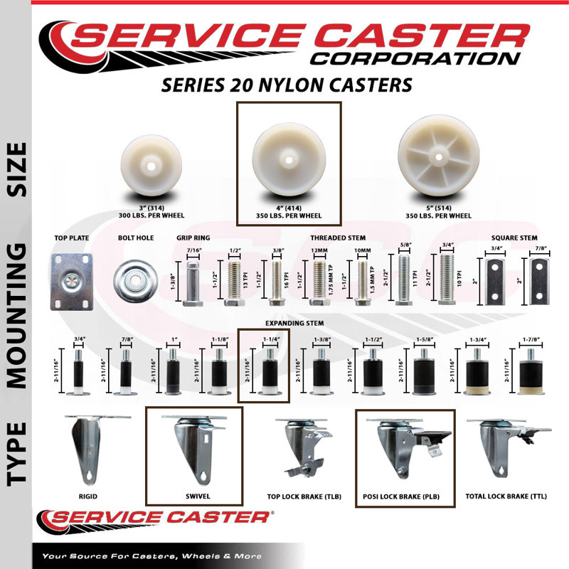 Nylon Swivel Expanding Stem Caster with Brake SCC PLB 4" x 1-1/4"