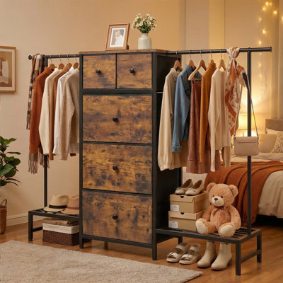 Multifunctional 5-Drawer Dresser with Dual Hanging Rods & Shelves for Small Spaces, Apartment Bedroom & Entryway Organizer