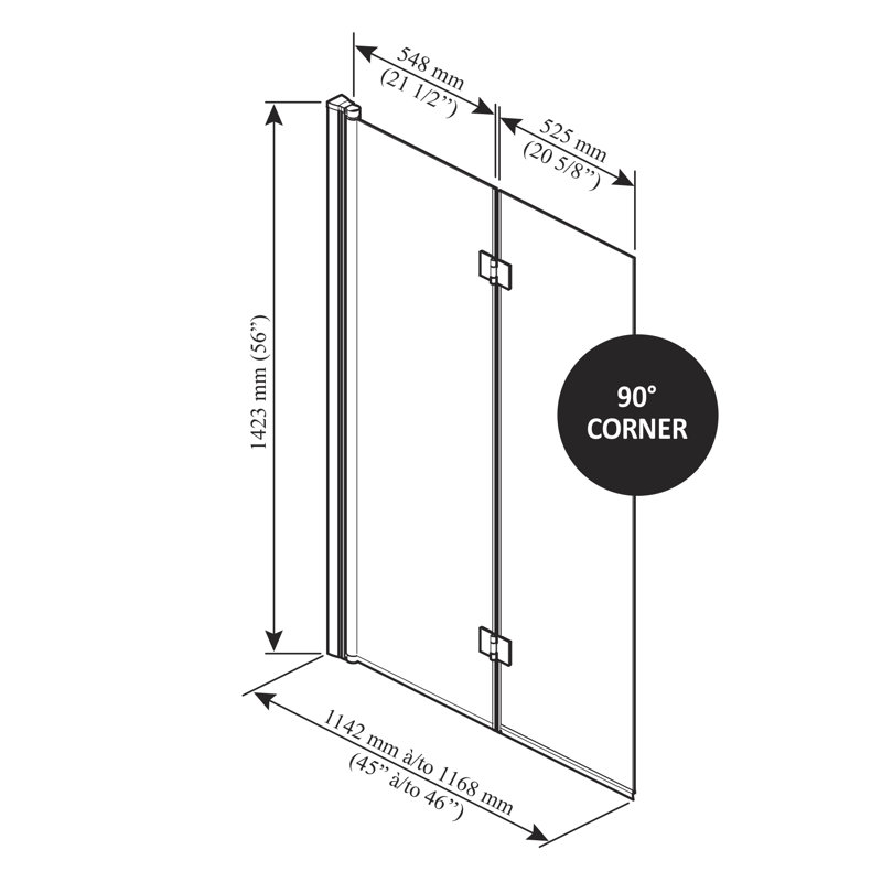 Porte de baignoire pivotante sans cadre à bascule l 90 ° - H 46 "x H 56" Flip, Nickel brossé