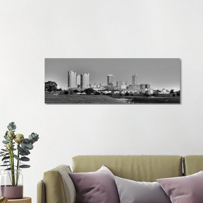 Fort Worth Panoramic Skyline Cityscape (Black & White - Evening) by Unknown Artist - Wrapped Canvas Panoramic Print