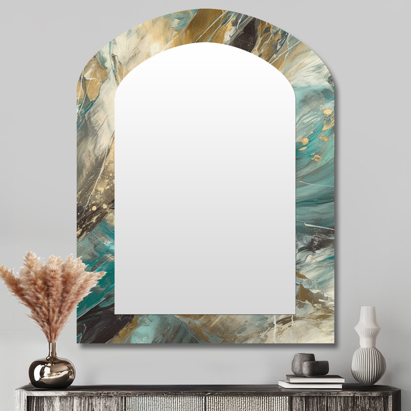 Golden Hour In Turquoise Waves II - Abstract Metal Art Decor - Modern Irregular Wall Mirror, 43'' x 33''