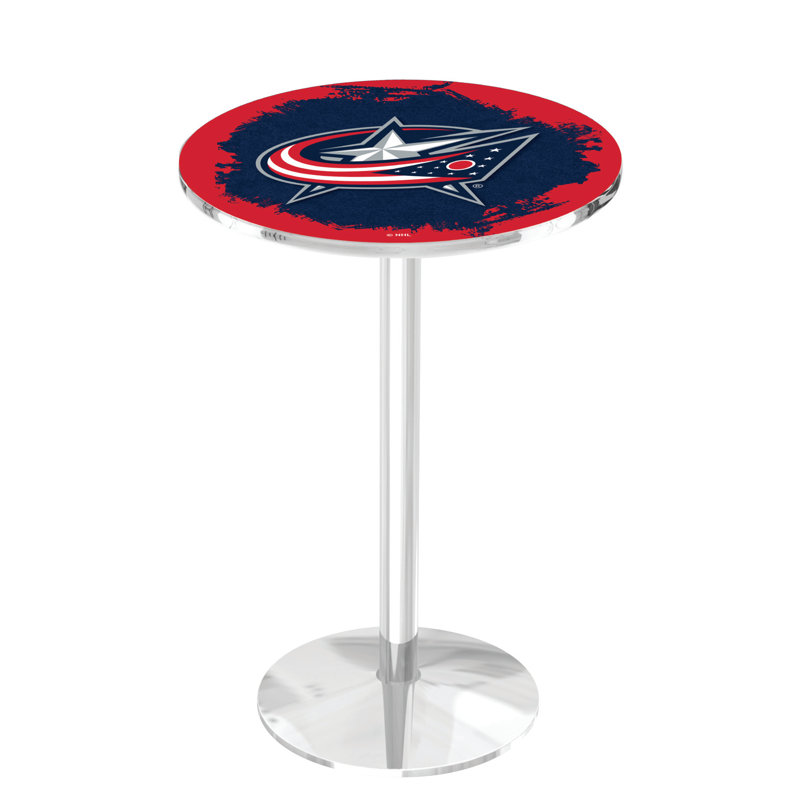 NHL Round Metal Base Dining Table, Chrome, Columbus Blue Jackets
