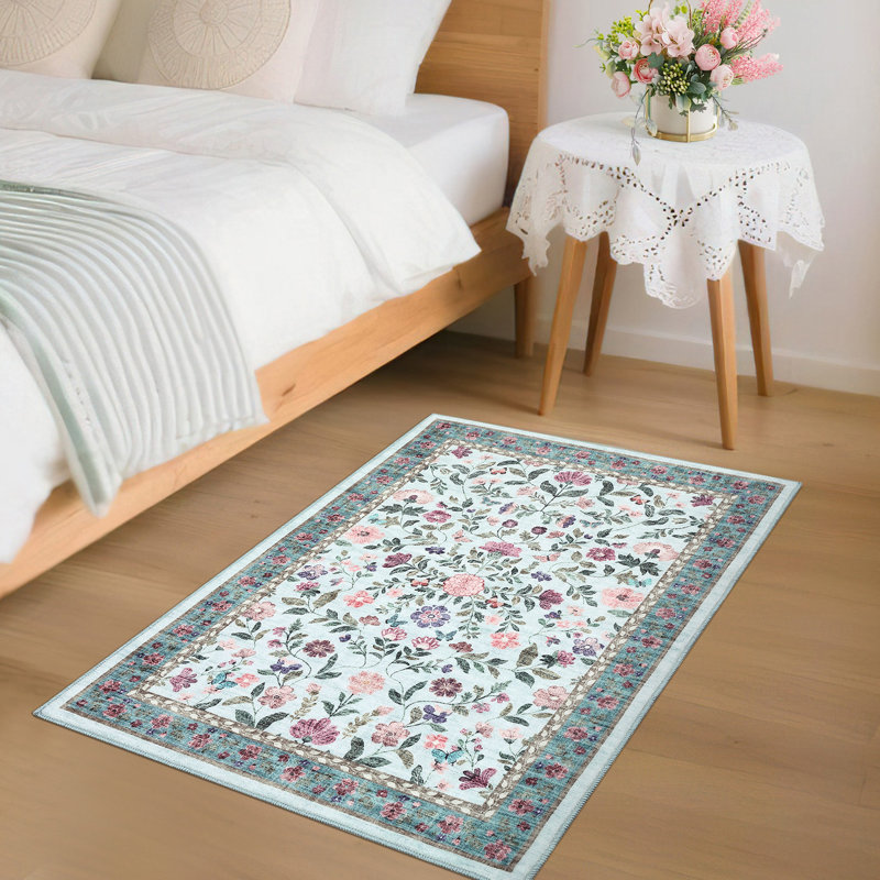 Vintage Floral Area Rug, Low Pile Non-Slip Soft Carpet – Machine Washable, Spot Resistant, Collapsible – Ideal for Living Room, Bedroom, Nursery, Office