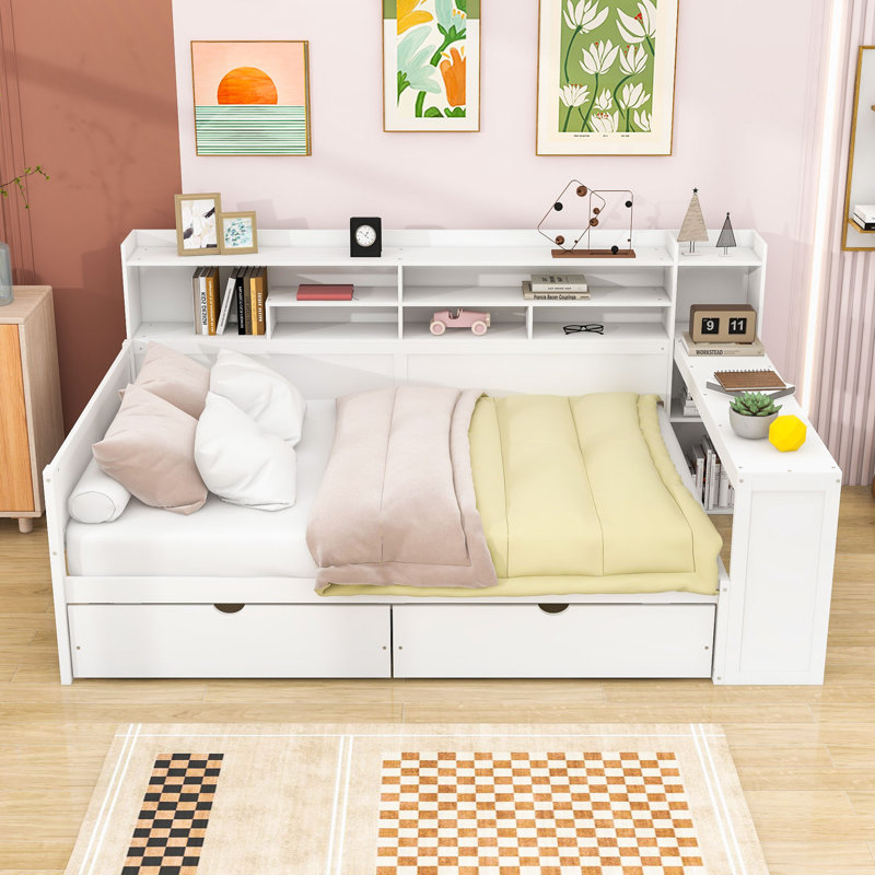 Crompton Multifunctional Wooden Daybed With Shelves, Drawers, and Study Desk, Full / Double, Antique White
