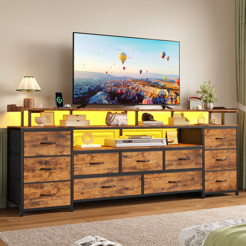Tv Stand For Tvs Up To 70", Large Led Media Console With Charging Station And Led Light, Brown