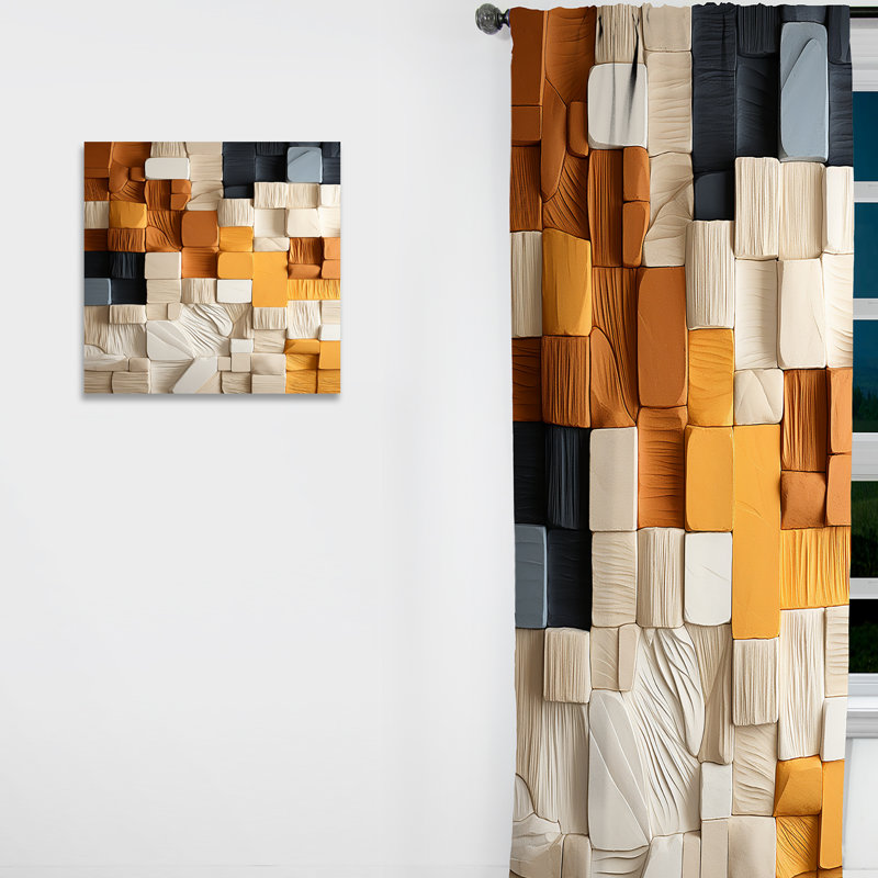 Cubic Yellow And Grey Fibre II - Cubism Blackout Abstract Curtain - 1 Panel, 52" W x 95" L