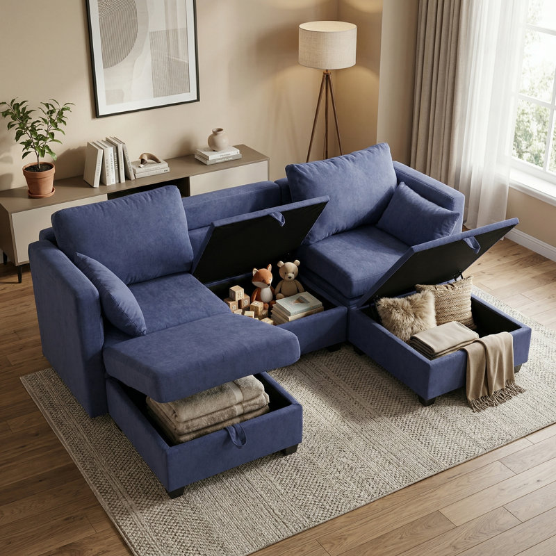 Dilen 5 - Piece Upholstered Sofa Modular Storage Couch & Ottoman, Blue Polyester