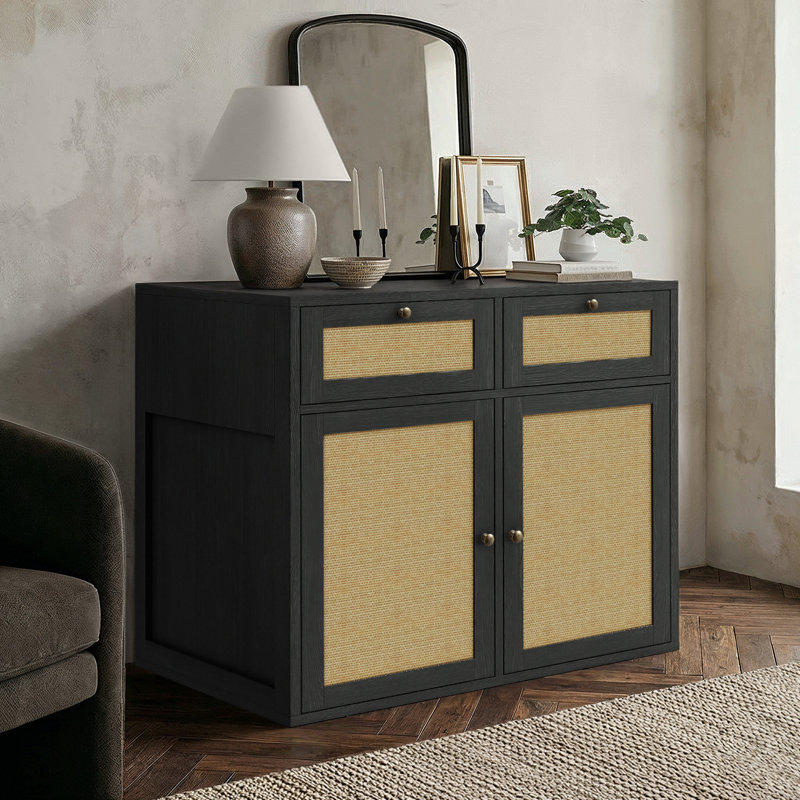 Meuble d'appoint Gianna en rotin à 2 portes et 2 tiroirs de rangement, 100 cm de largeur, Noir