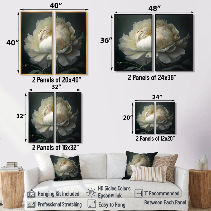 Pivoine blanche sur fond noir I - art mural moderne sur toile, H 20 po x l 24 po, Impression encadrée flottante, Crème, crème
