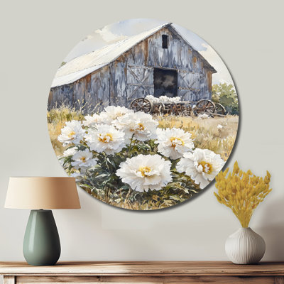 Perreault - Peonies Round Metal Wall Art, Traditional White Metal Art Print