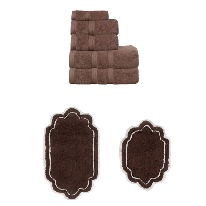 Ensemble de 6 serviettes de bain et de tapis de bain 2 pièces Talbert, 100% coton doux (ensemble de 8), Chocolat