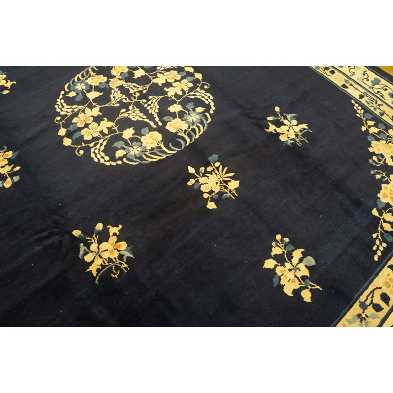 Wool Rectangle Blue Hand Knotted Pile 1920s Antique Chinese Rug