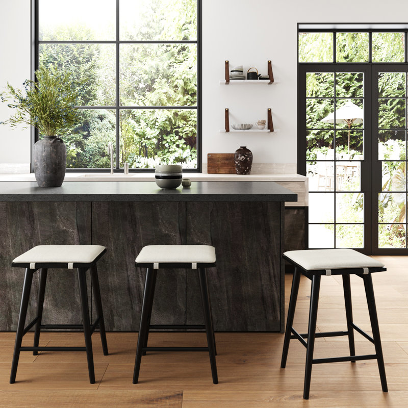 Tabouret de bar en bois sans dossier à hauteur de comptoir avec coussin amovible, Noir, noir, noir, noir, Crème Boucle, 1