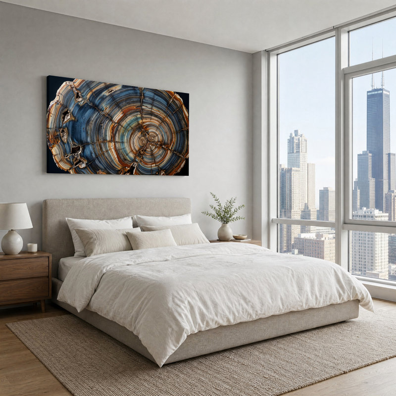 " Blue And Brown Cracked Tree Stump Cross Section " Painting Print, 32“W x 16”H