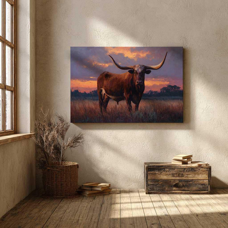 «Texas Longhorn», art mural sur toile - Western Sunset Ranch - Rustic Country Home Decor, H 12 po x l 18 po