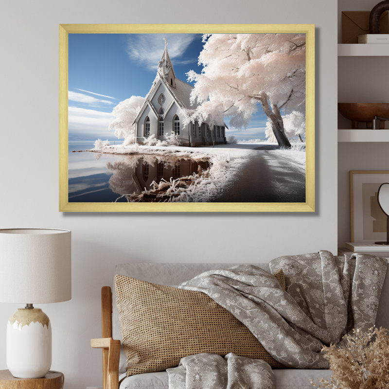" Church Landscape Divine Grace ", 34" H x 44" W x 1.5" D, Gold Single Picture Framed