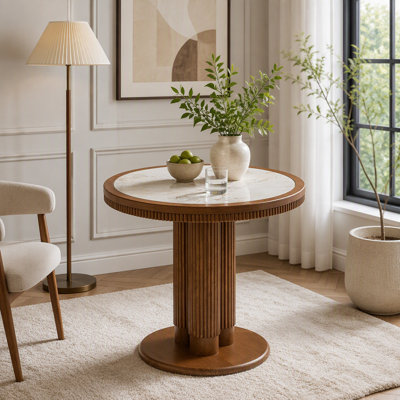 Mid‑Century Round Sintered Stone Dining Table, Fluted Pedestal Base, Compact Bistro Table