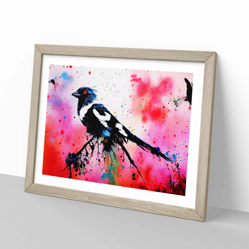 Magpie Bird Splash Vol.3 Abstract 1 Piece Single Picture Frame Painting, 25cm H x 34cm W x 2cm D, Oak