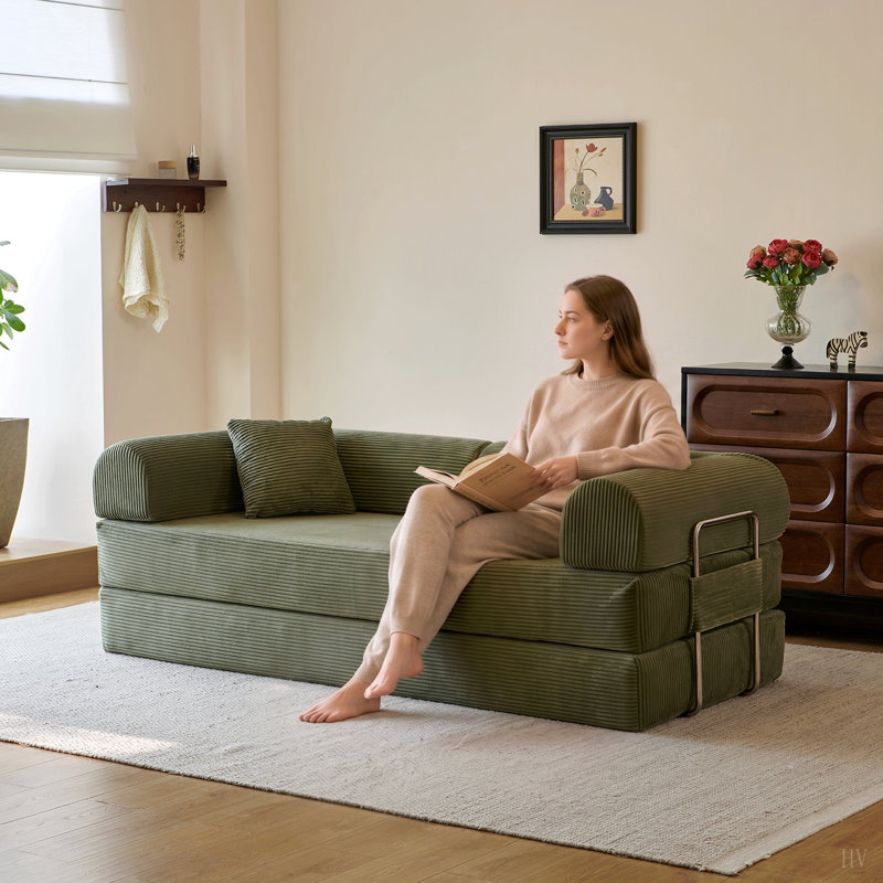 Canapé à compression de 78,8 po, canapé-lit convertible au sol avec accoudoirs avec dossier coussiné, canapé-lit futon confortable, causeuse modulaire désossée, tissu en velours côtelé, pour le salon, la chambre à coucher