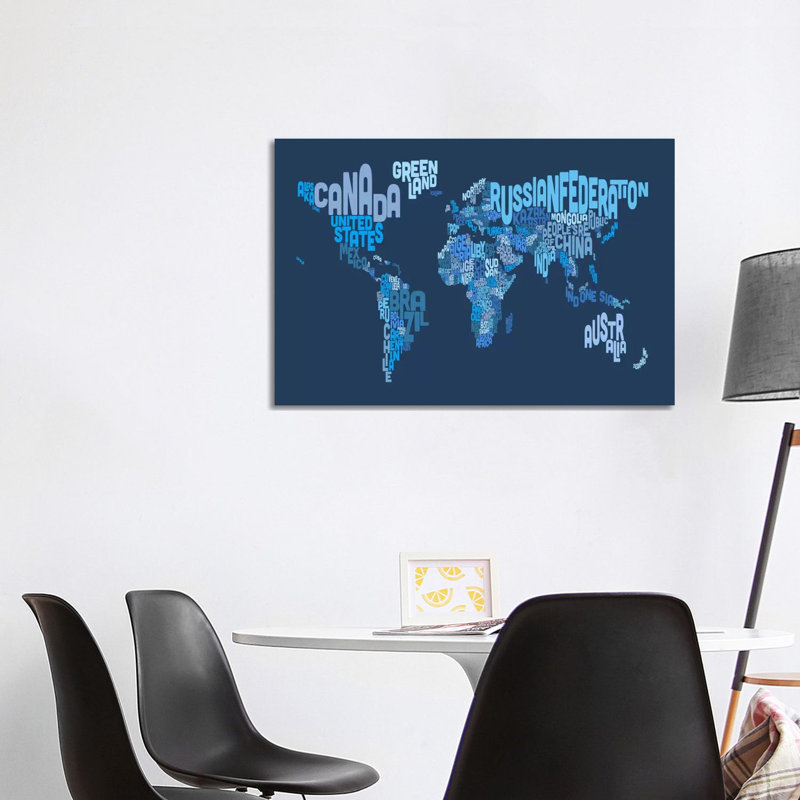Typographic Text World Map IV (Blue) by Michael Tompsett - Wrapped Canvas Print, 101.6 cm H x 66.04 cm W x 1.91 cm D