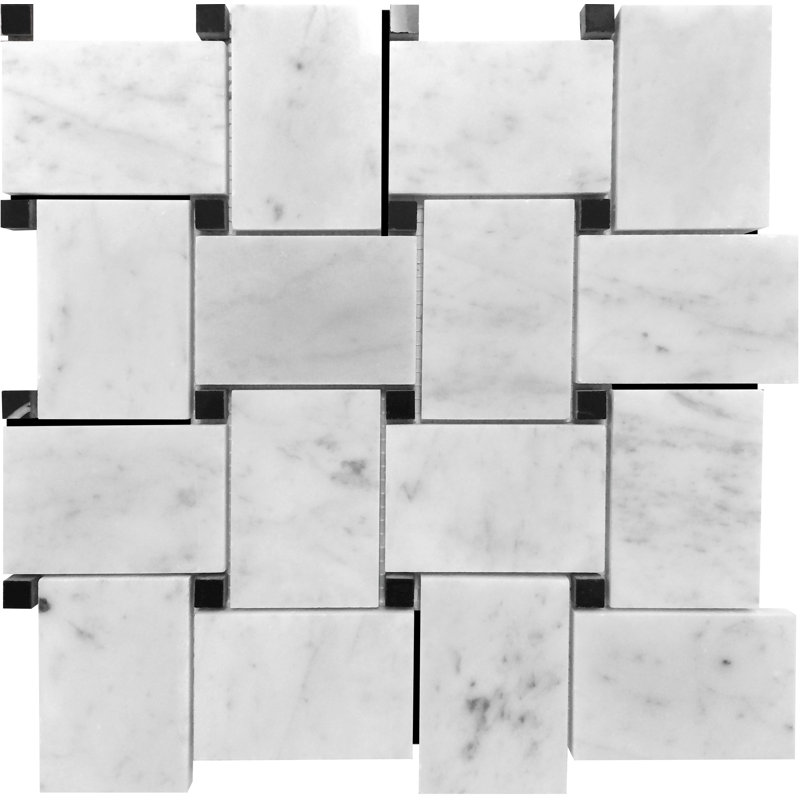 Carreau de mosaïque aléatoire en marbre 11 x 11 Bianco Carrara, Blanc/Noir