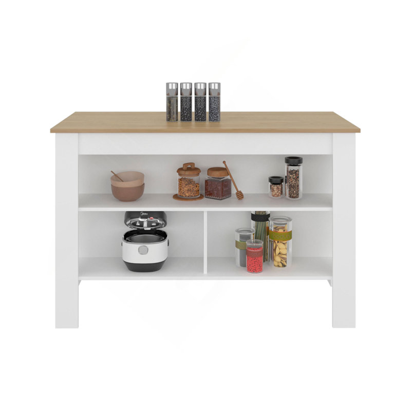 Kitchen Island, 3 Spacious open Shelves, Modern Design, White+Natural