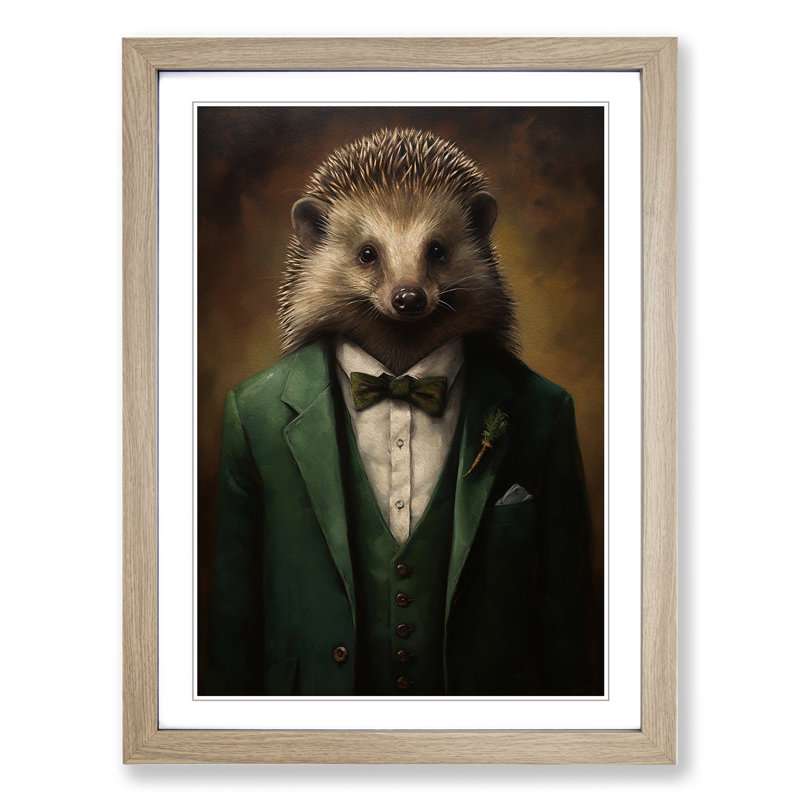 Hedgehog In A Suit Painting No.3 - Single Picture Frame Print on Wood, Oak, 46cm H x 34cm W x 2cm D