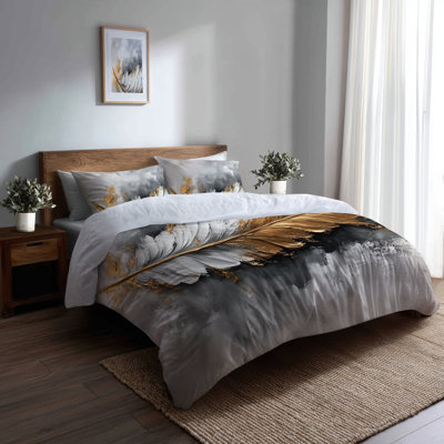 Luxe Feather With Gold Tips I Bedding Set 3 Pcs - Boho Duvet Cover With Shams