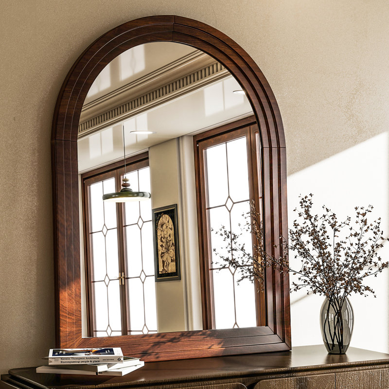 Wood Framed Wall Mirror, 35.4" x 24", Brown Wood