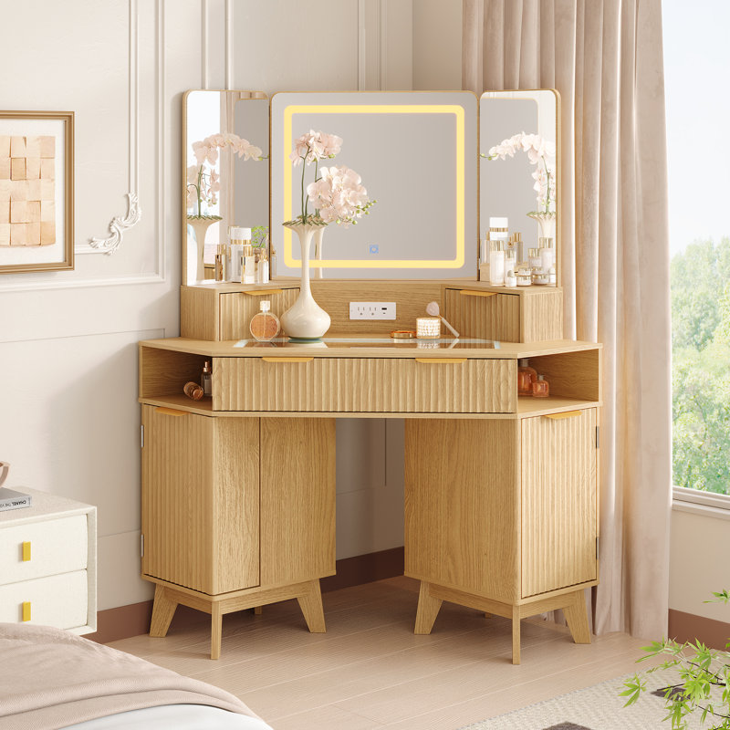 48 Inch Fluted Makeup Vanity Desk with Mirror and Lights, Modern Corner Makeup Vanity with Glass Top, Charging Outlet & 3-Panel Lighted Mirror, Dressing Table for Bedroom