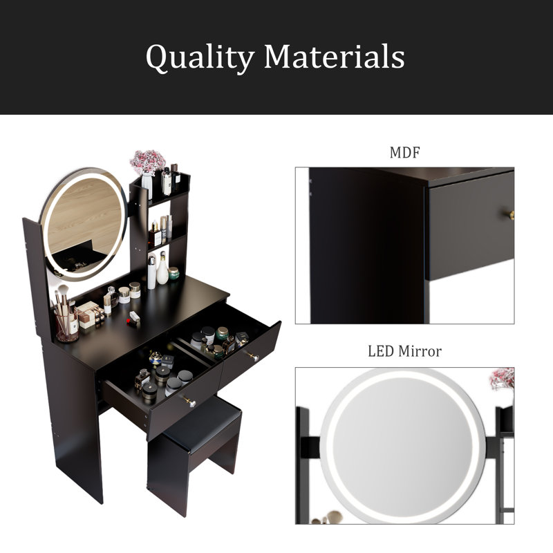 Ensemble de coiffeuse ronde à miroir rond + tabouret à coussins souples, grand miroir