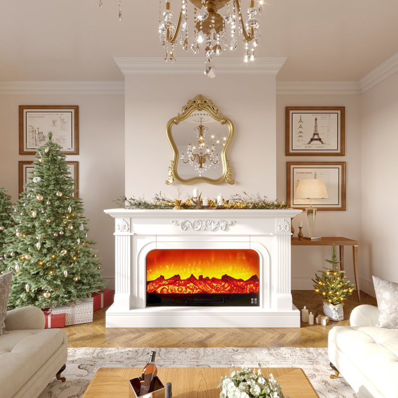 Cheminée électrique traditionnelle de 150 cm avec manteau sculpté et colonnes décoratives pour salon, Blanc