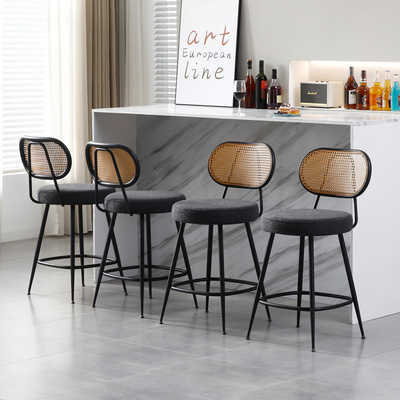 Counter Stool With Rattan Back, Black, 4