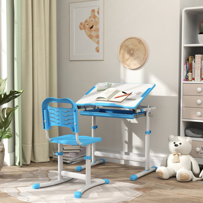 Kids Desk and Chairs Set, Height Adjustable Children School Study Desk with Tilt Desktop, Storage Drawer, Pen Slot, Hook, Ergonomic Table and Chair Set for Kids, Blue