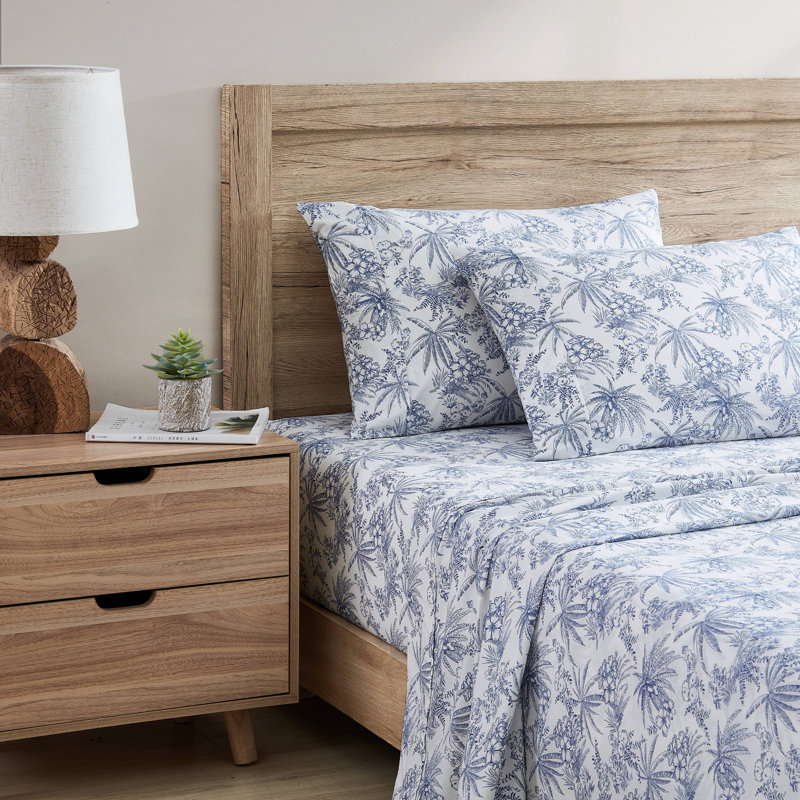 Queen Navy Cotton Percale Floral Print Sheet Set
