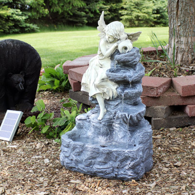 Jaliya Weather-Resistant Angel Falls Traditional Polyresin Solar Fountain with Battery and LEDs