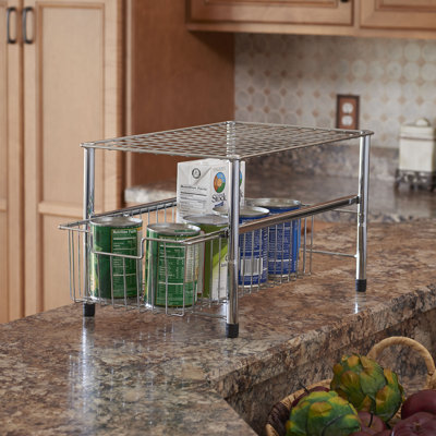 Single Basket Sliding Cabinet Organizer, Metal Frame, Small, Free Standing - No Installation Necessary, Silver Finish