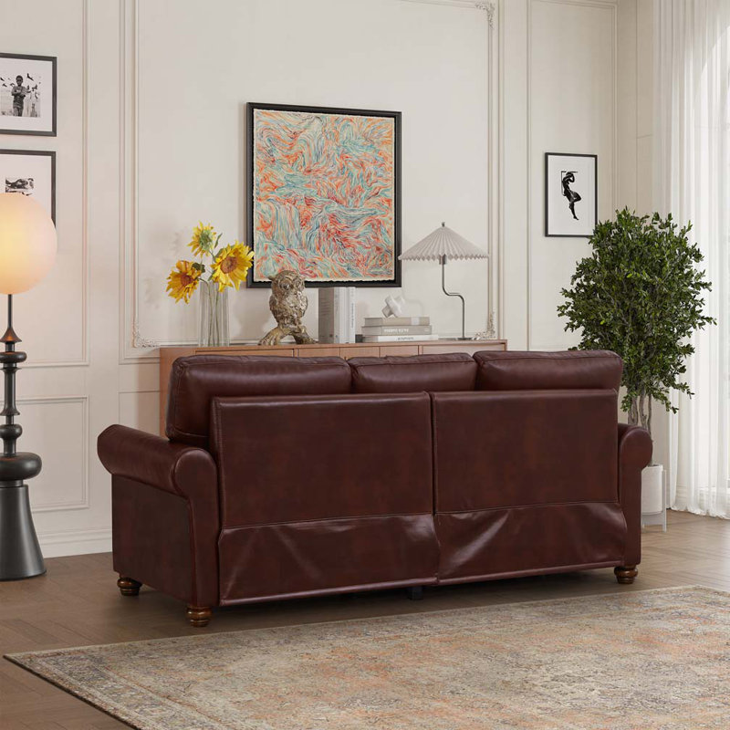 Classic Living Room Nails Sofa Faux Leather, Burgundy, 34.5" H x 59.45" W x 31.89" D