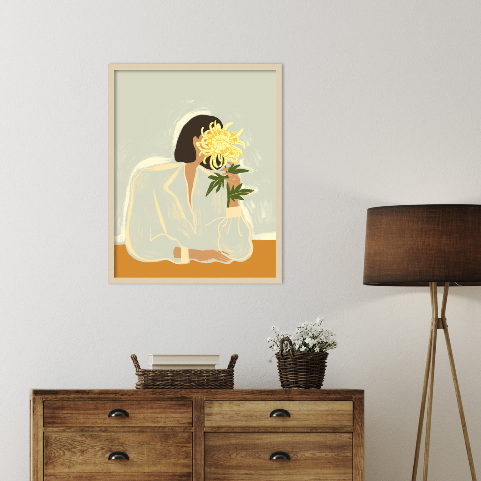 Lady With Chrysanthemum by Arty Guava Wood Framed Wall Art Print, Brown, 33" H x 26" W