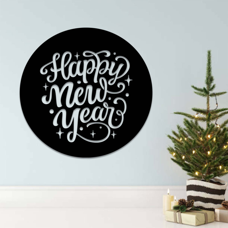 Happy New Year, art mural en métal - décoration de célébration festive - conception suspendue au mur des Fêtes modernes - sculpture en métal industriel minimaliste - décoration saisonnière pour la maison - décor de vestibule de salon - pièce d'a