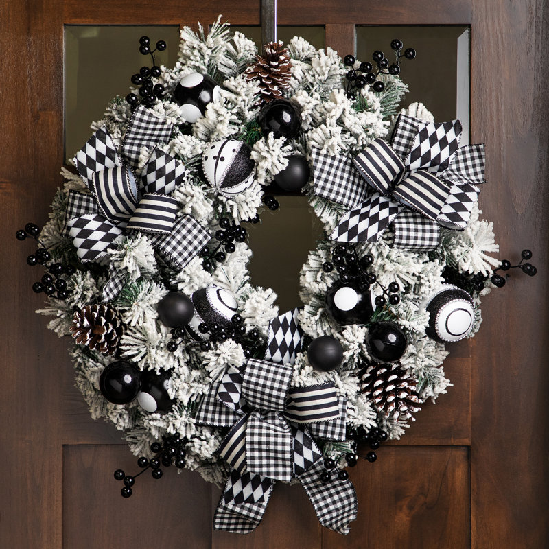 Flocked Pine With Harlequin Bows And Ornaments Christmas Wreath - 24" - Unlit