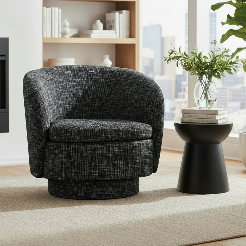 Black Upholstered 360° Swivel Barrel Chair with Curved Backrest, Black
