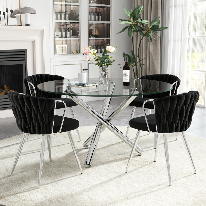 47in Round Glass Dining Set, Beige, 5 Pieces: Table, 4 Chairs, Silver