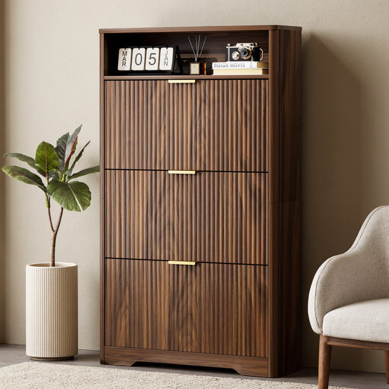 31.6" Narrow Shoe Cabinet with 3 Flip Drawers, 9.6" Ultra-Slim Design, Wave Textured Hidden Storage, Natural Wood with Gold Accents, 54" Tall Tower