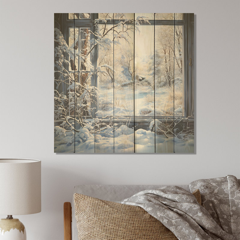 Winter River Window View I - Paysage d'hiver sur bois, H 25 po x l 25 po