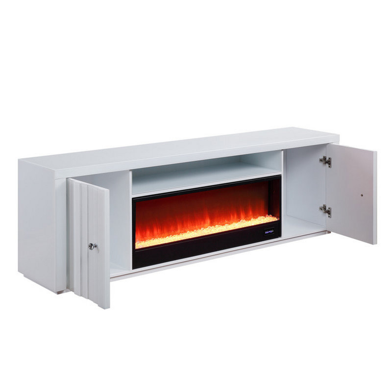 White Solid Wood TV Stand with Electric Fireplace and Cabinets