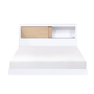 Tête de lit bibliothèque blanche pour lit double - mobilier de chambre à coucher, sans base, accents naturels avec un style Mid-Century moderne, sommier tapissier requis